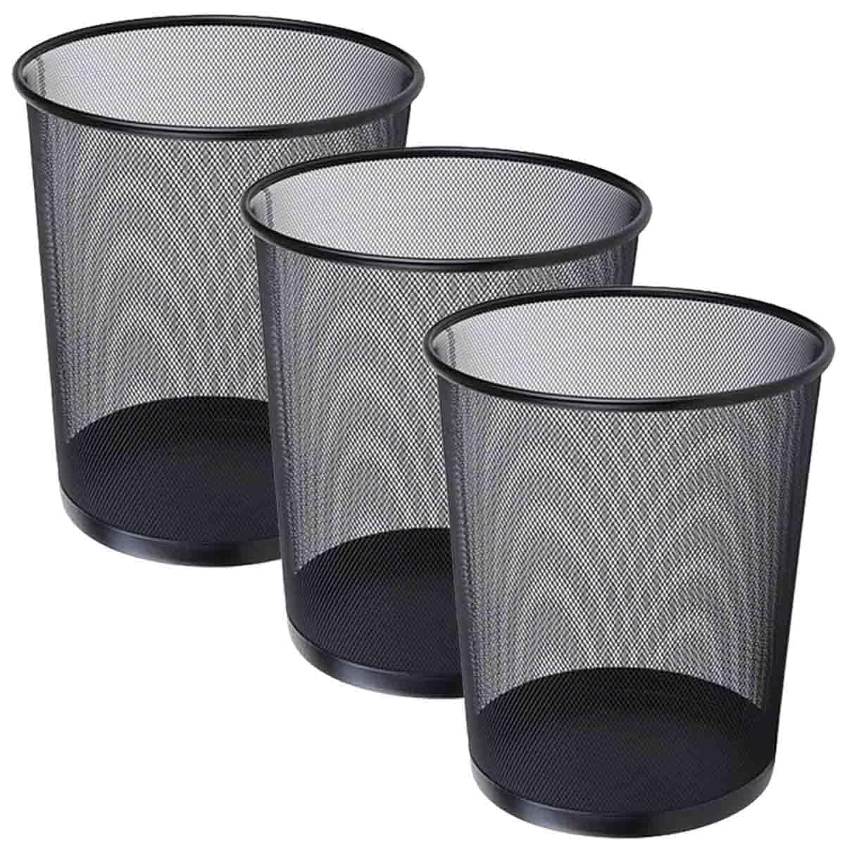 livexa 3 Pack Metal Mesh Waste Paper Bin 12 Litres Lightweight Mesh Wastebasket Waste Bin Black Metal Rubbish Bin for Bedroom, Office, Bathroom, Kitchen (3x Black)