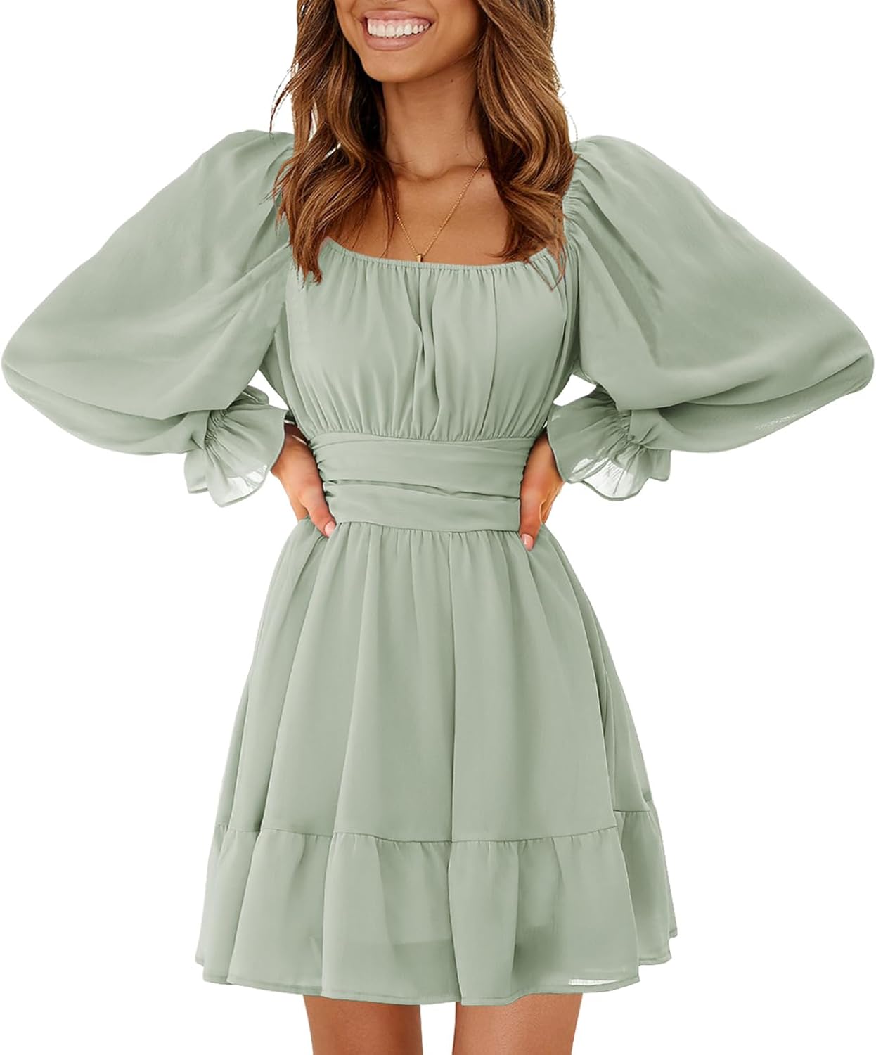 EXLURA Women's 2026 Casual Long Lantern Sleeve Dresses Square Neck Ruffle Tie Back Elastic Waist Aline Short Mini Dress