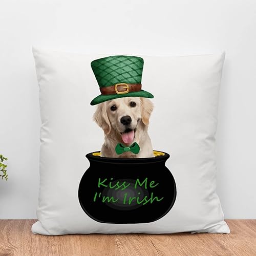 St.Patrick's Labrador Retriever - Funda de cojín para perro, Kiss Me I'm Irish Leprechaun, almohada para sofá de perro duende en maceta de lino