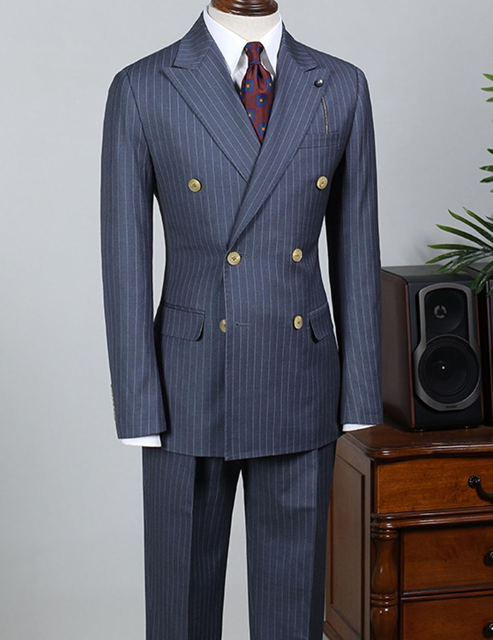 Men's Pinstripe Suits 2 Piece Blazer Pants Slim Fit Double Breasted Formal Dress Tuxedo for Prom Wedding