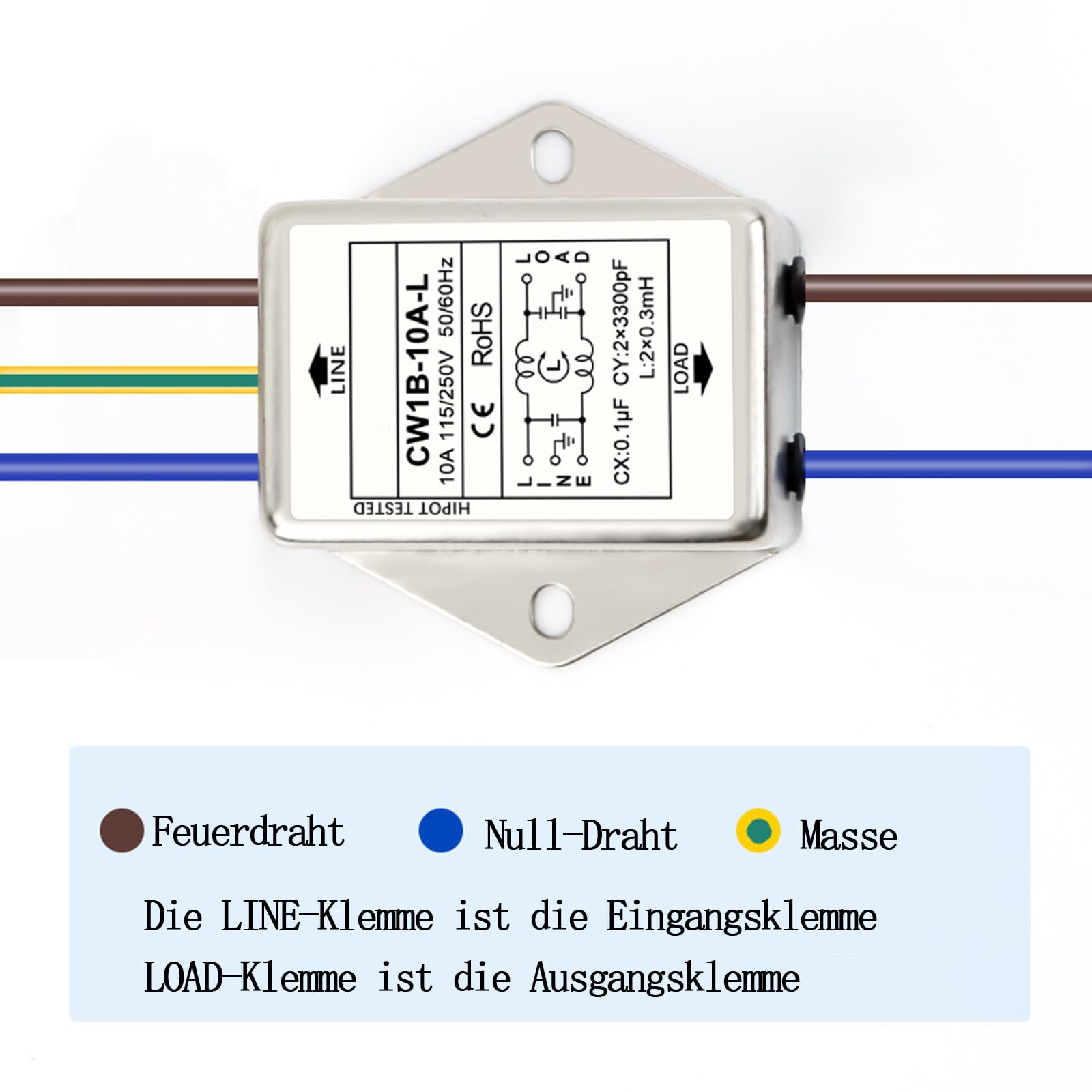 2 pezzi Filtro EMI, CW1B-10A-L (040) Filtro monofase, Filtro di interferenza elettromagnetica 250 V, per la soppressione di disturbi a impulsi continui e intermittenti