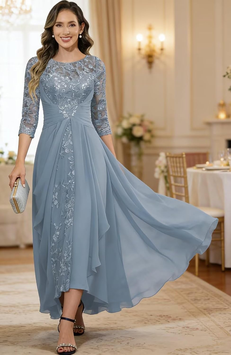 Danisuey Lace Applique Mother of The Bride Dress Chiffon Formal Evening Gown Tea Length Wedding Guest Dresses