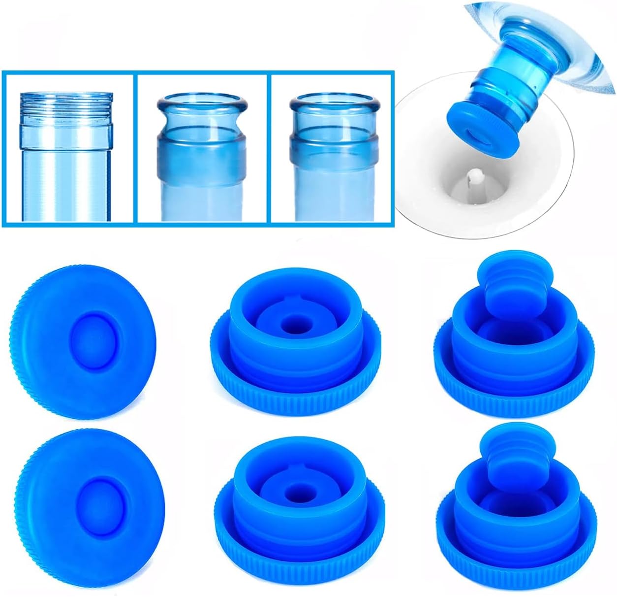 5 Gallon Water Jug Cap Reusable - Non-Spill 55mm Water Bottle Caps,Silicone Replacement Cap Lids Anti Splash 6 Pack