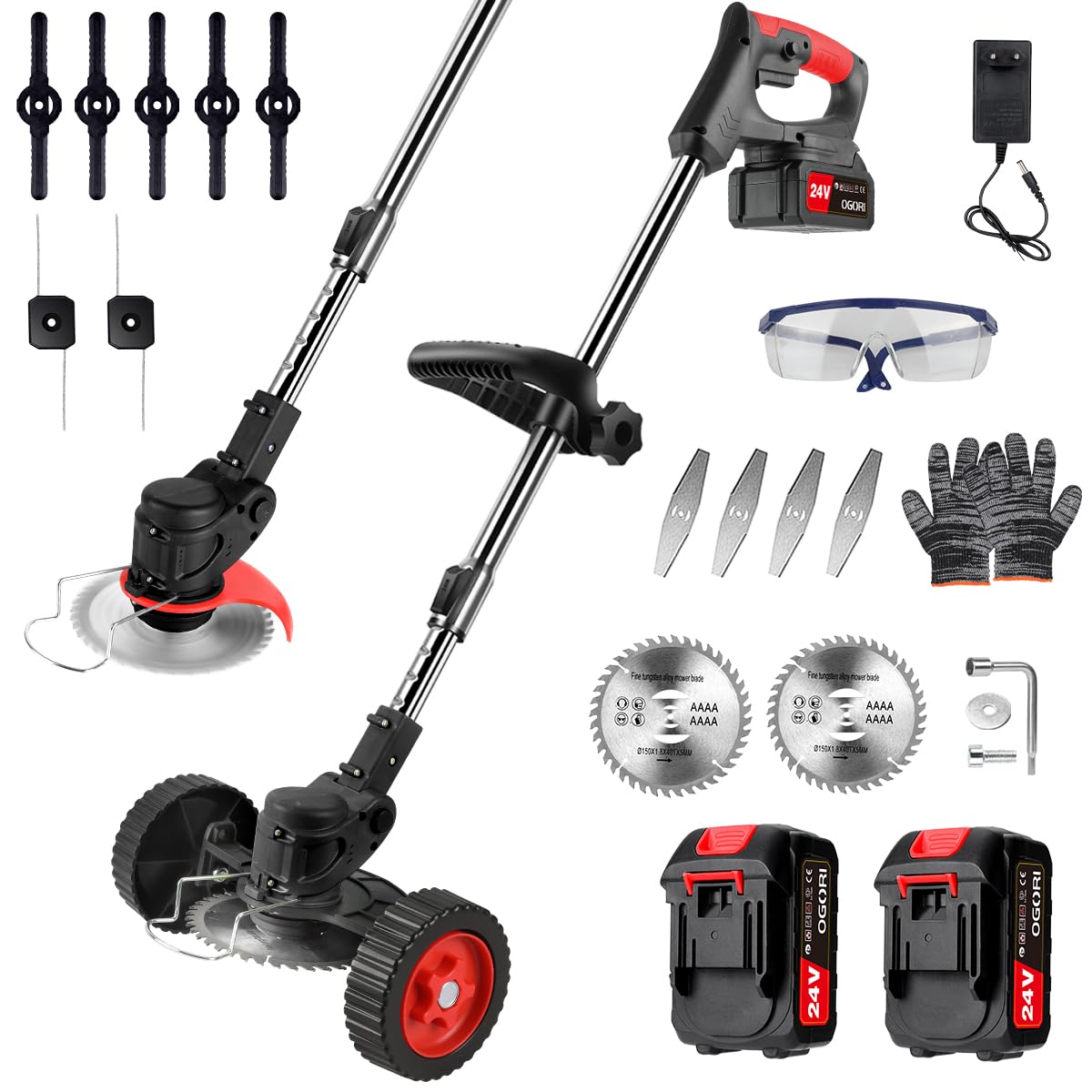 Desbrozadora a Bateria,OGORI Cortacésped a batería con 2 baterías de 2000 mAh, 21V Desbrozadora Electrica con 4 Tipos de Cuchillas y un Mango telescópico Ajustable para Cortar el césped del jardín