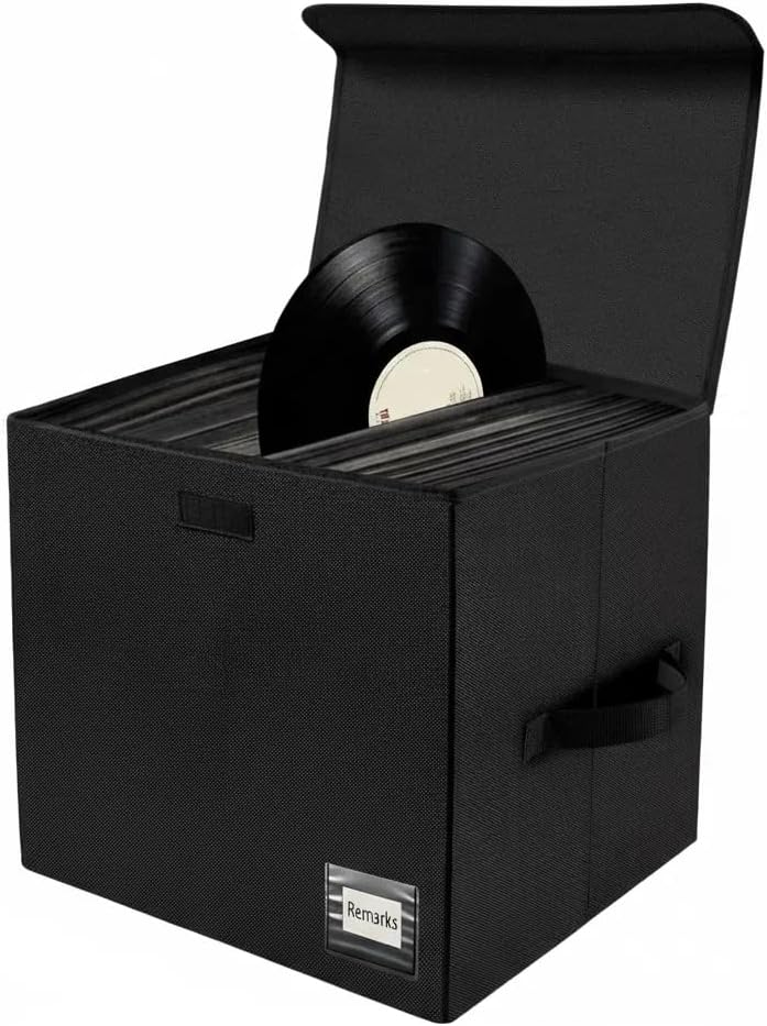 Vinyl Record Storage Box Holds up 90+ Single Record,LP Storage Box With Lid to Protect Your Precious Collection (13 inch,Black)