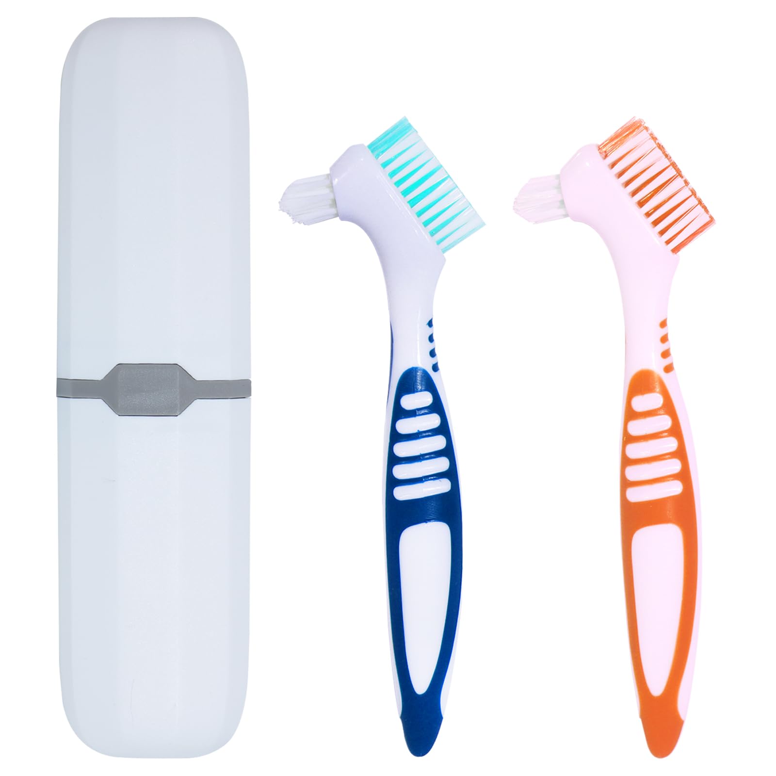 2Pcs Denture Brush False Teeth Toothbrush with 1 White Carrying Case, Effective Denture Cleaning Brush with Multi-Layered Soft Bristles,Orange and Blue-image-35