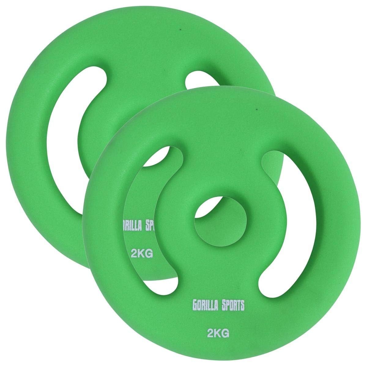 GORILLA SPORTS® Neopren Hantelscheiben - 2er Set, 2x1kg, 2x2kg, 2x3kg, 2x4kg, 2x5kg Gewichte, 30/31 mm Bohrung, mit Griffen, Gusseisen - Gewichtsscheiben, Hantelscheiben-Set