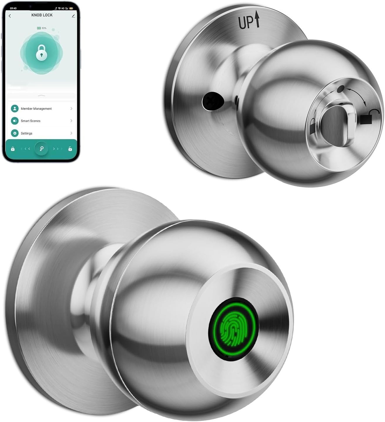Smart Door Knob, Fingerprint Door Lock with Bluetooth, Biometric Door