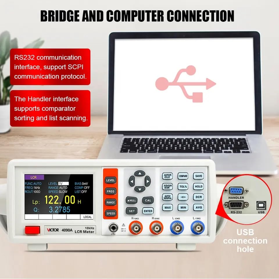 LCR Meter connected to a laptop via USB and RS232