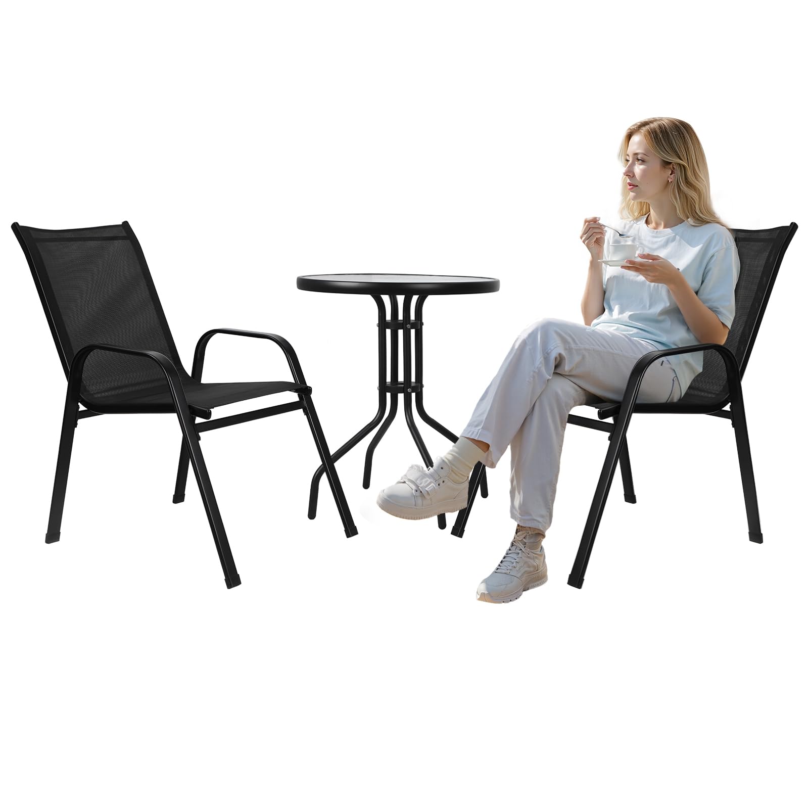 Wufuuoa 3 Piece Garden Table and Chairs, Foldable Outdoor Bistro Set with Round Glass Table & 2 Chairs, Small Balcony Furniture for Patio Porch Poolside Black