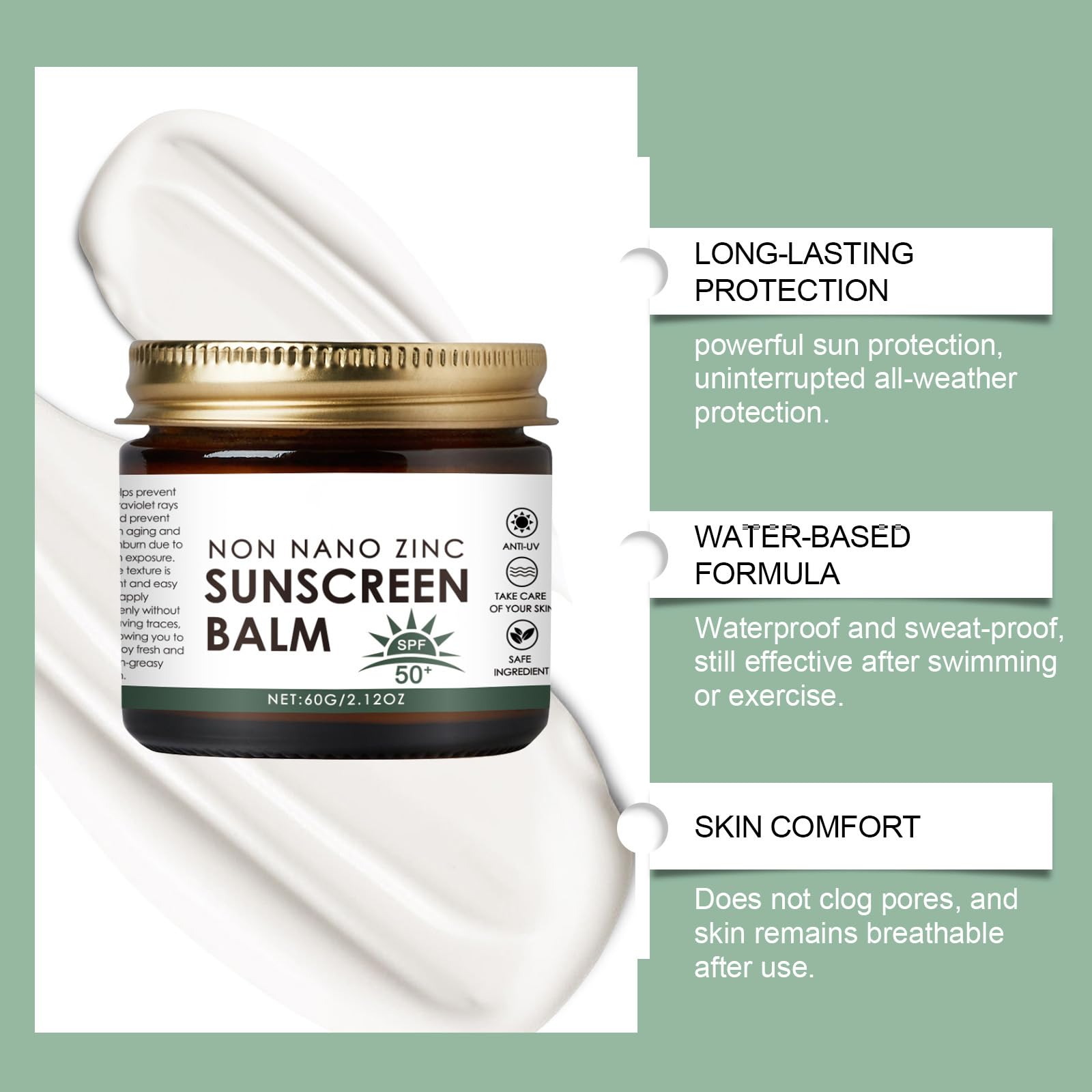 Non Nano Zinc Oxide Sunscreen Balm, Natural Tallow Sun Cream for Face & Body, SPF50 Suncream, UVA/UVB Protection - Image 4