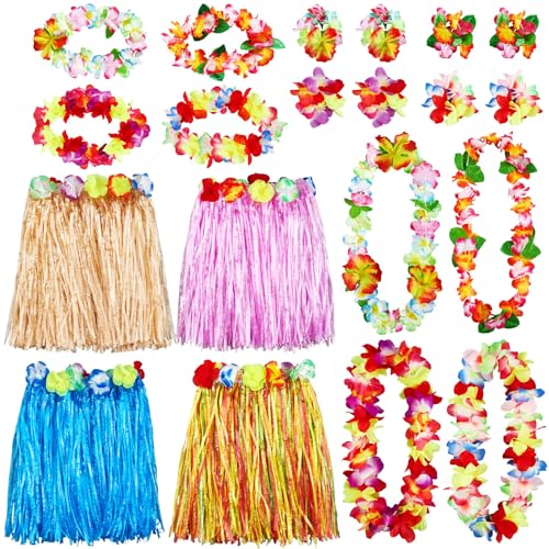 Image of Chuangdi 20 Pcs Hawaiian Hula Grass Skirt Sets Include 4 Hawaiian Party Fancy Dress Costume 4 Sets Flower Leis Garland Bracelet Headband for Tropical Luau Party Photo Props (Vibrant,Classic Colors)