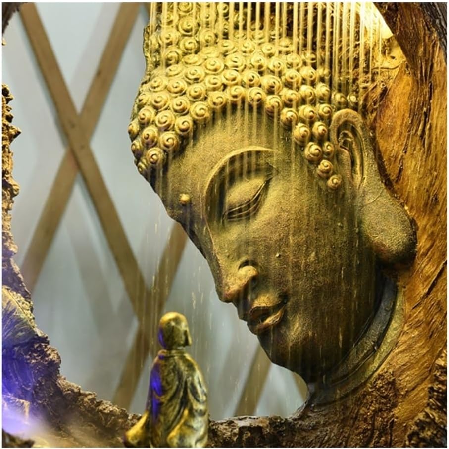 Waterfall Fountain， Chinese-Style Buddha Fountain, Floor Standing Water Feature, Indoor Outdoor Large Garden for Deck, Home Patio, Porch, Yard Decor