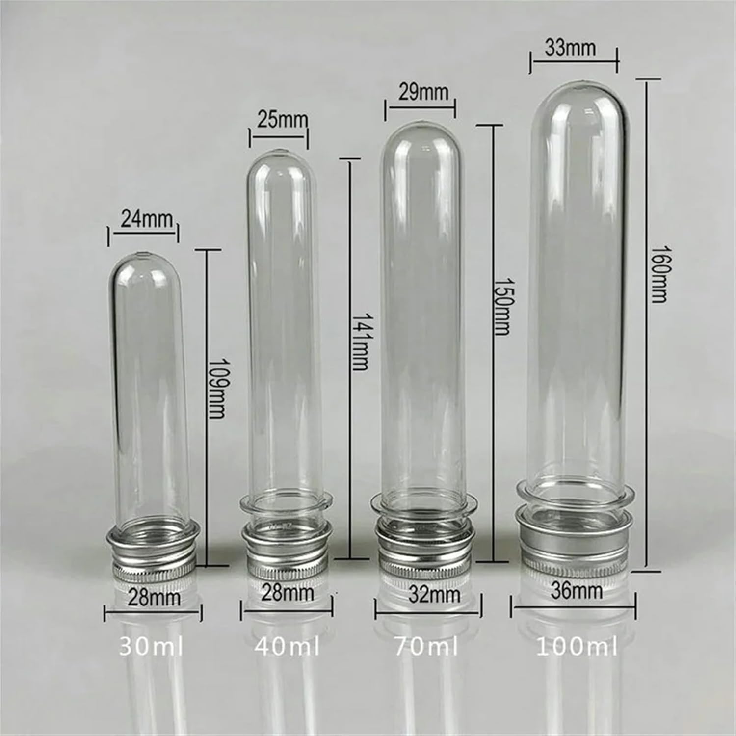 10pcs lab 30/40/70/100ml PET Test Tube Bottle Transparent Cylindrical Plastic refillable Bottle(30ml)