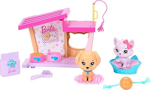 Barbie My First Barbie Accessories, Story Starter - Paquete de cuidado de mascotas con casa de perro, cachorro y gato, juguetes y regalos para niños