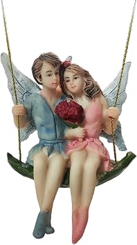 Dreamy Couple Fairy Swing Ornament Romantic Angelic Elves on Swing Scene Handcrafted Resin Hanging Decor for Garden, Courtyard, Tree Branch, Balcony Indoor Outdoor Enchanted Garden Gift
