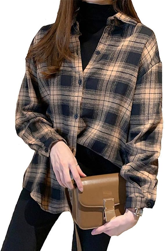 Amazon イヴォーグ レディース シャツ チェック チェックシャツ ネルシャツ 長袖 カーディガン 韓国ファッション 秋 冬 ベージュ Xl シャツ ブラウス 通販