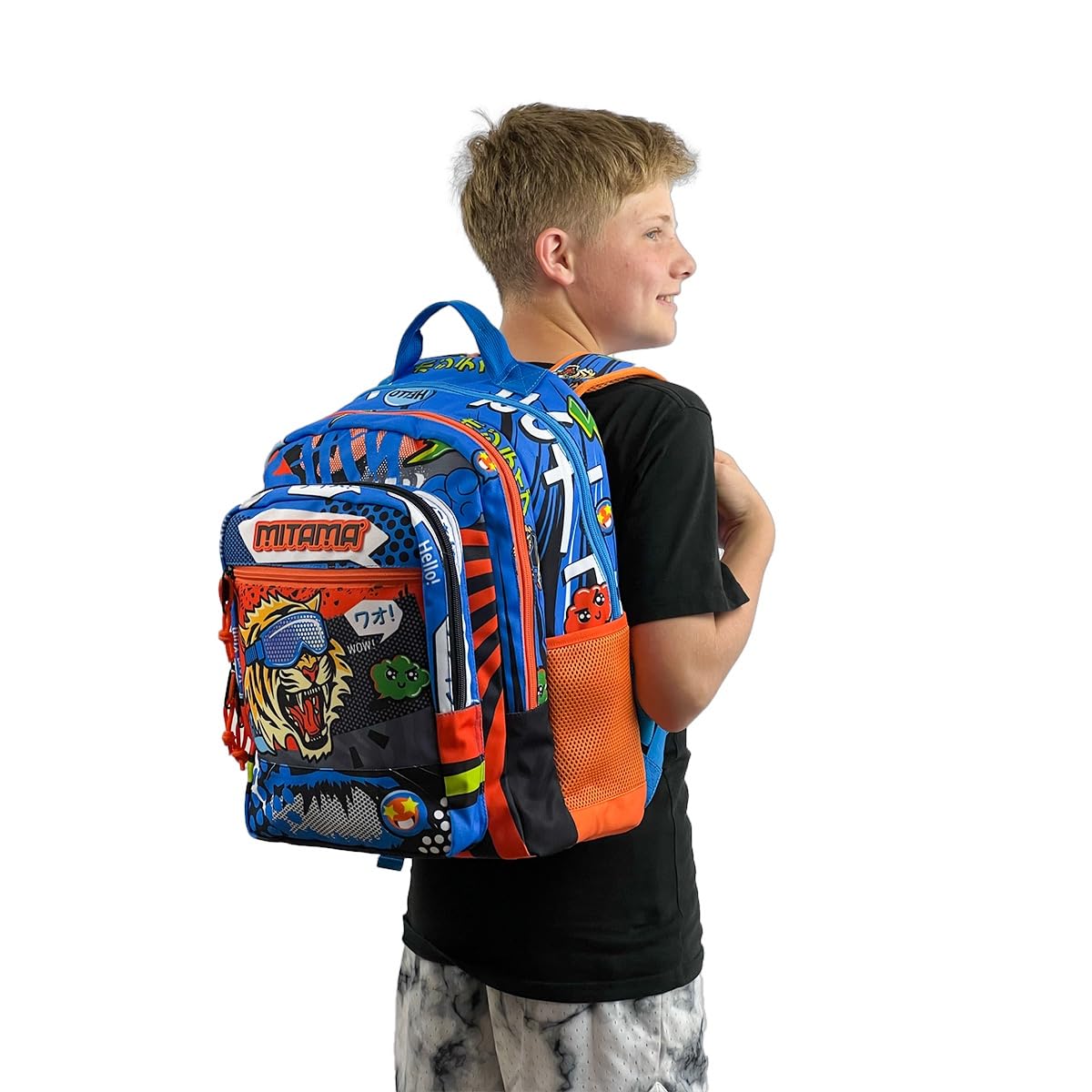 Mitama Zaino Triplo Scomparto Tiger Wild con Tasca frontale, Blu e Nero, Scuola Elementare e Tempo Libero, Bambino Ragazzo