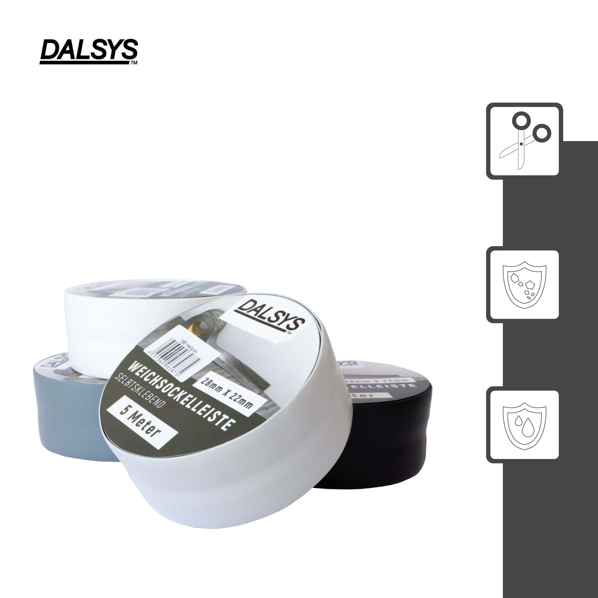 Dalsys Zachte plint zelfklevend Plakstrip, eindstrip voor voegen in woonruimtes, keukens, badkamers, van PVC-kunststof 5m wit