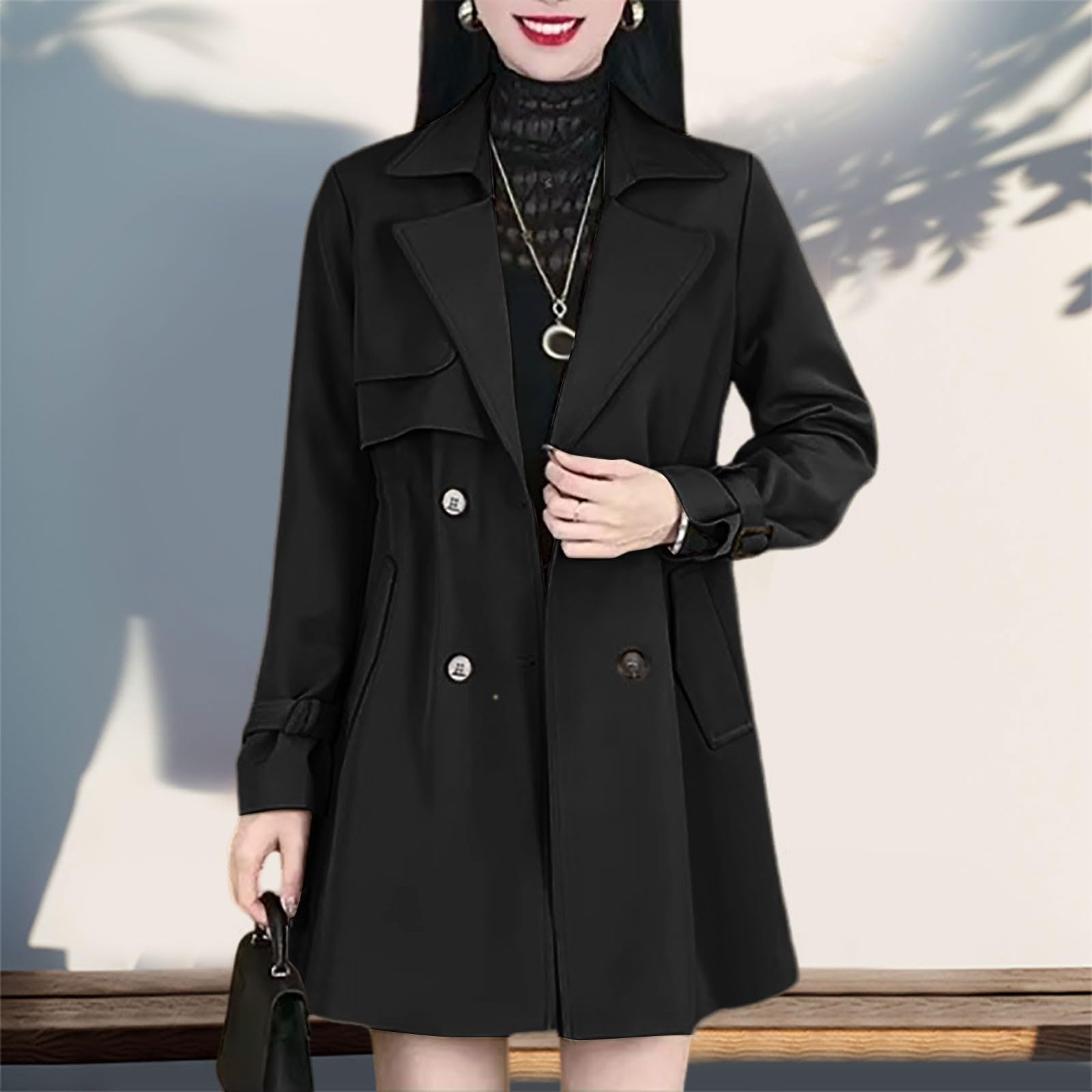 Trench confortable à revers cintré manteau léger à double boutonnage mi-long manteau mince mi-long veste softshell femme coupe droite, Noir , M