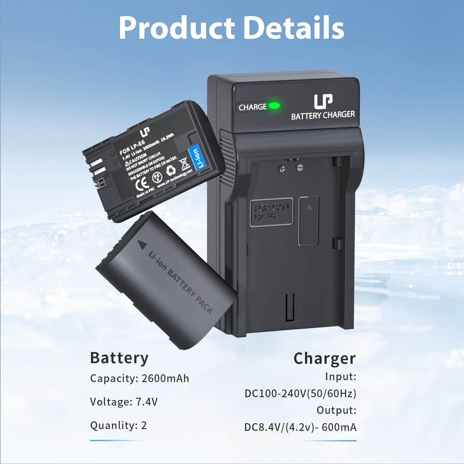 LP LP-E6 LP-E6N Battery and Charger Pack, 2-Pack 2600mAh Battery Compatible with Canon EOS 90D,80D,70D,60D,60DA,7D Mark II,7D,6D Mark II,6D,5D Mark IV,5D Mark III,5D Mark II,5DS,5DS R,R5,R6 Cameras