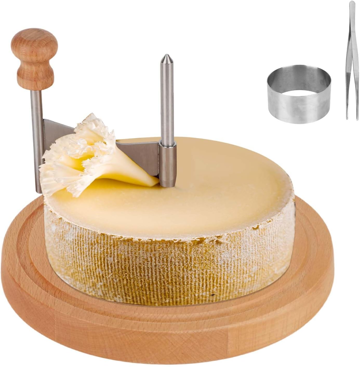 Cheese Curler Slicer, Wooden Base Create Rose Sharp Butter Flower Shaver Cutter Wheel with Stainless Steel Chocolate Cutting Tool for Restaurant Parmesan Camembert forTete De Moine Curls Maker