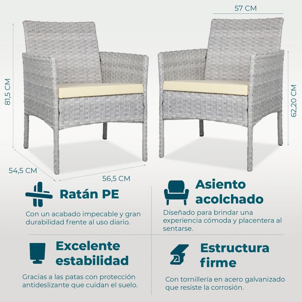 YOEVU - Set de Jardín de Ratán 3 Piezas | 2 Sillas con Cojines y Mesa de Cristal | Resistente al Agua y Sol | Estructura en Aluminio | Ideal para Terraza y Balcón, Ratán