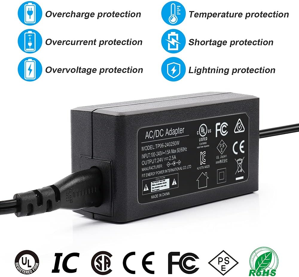 FIT-POWER 24V 2.5A 60W AC/DC Power Supply Adapter with 5.5 x 2.1 and 5.5 x 2.5 Male DC Power Plug Jack Connector, Compatible with 24Volt 0-2.5 Amp / 0-2500Ma