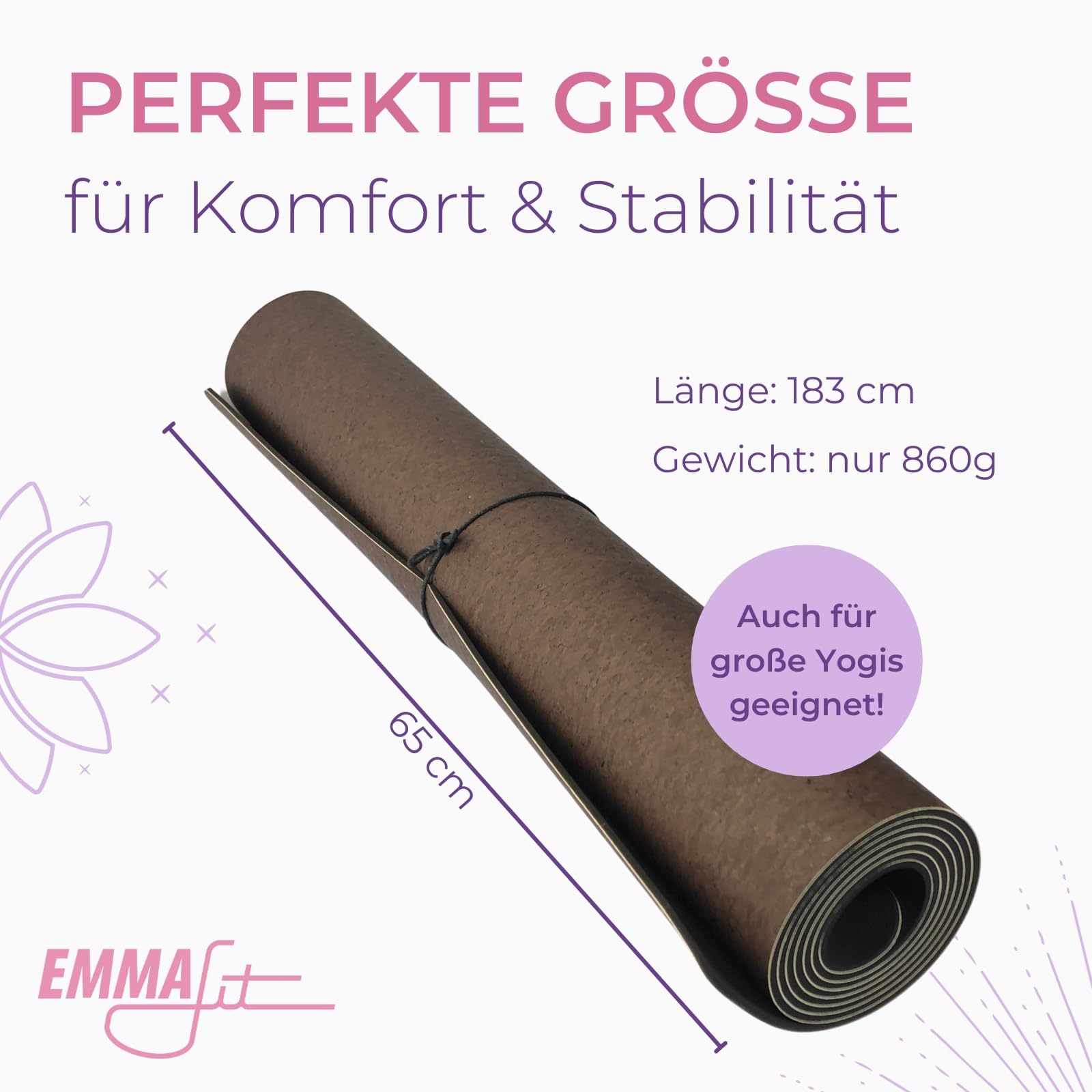 EMMAfit Kork Fitnessmatte I 183 x 65cm I rutschfeste Matte mit Naturkorkoberfläche für Yoga, Pilates & Gymnastik I hygienisch & umweltfreundlich I nachhaltige & langlebige Yoga-Matte