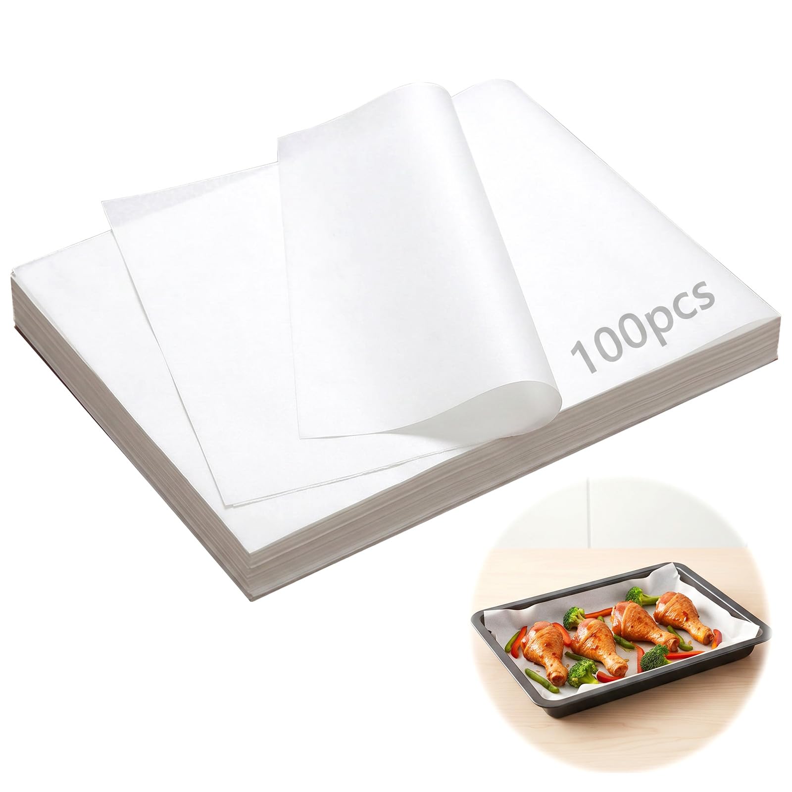 100Pcs Baking Parchment Sheets Greaseproof Paper Sheets Parchment Paper for Baking for Oven Air Fryer Baking Cooking Grilling Steaming Home Commercial 8x12 Inch (White)