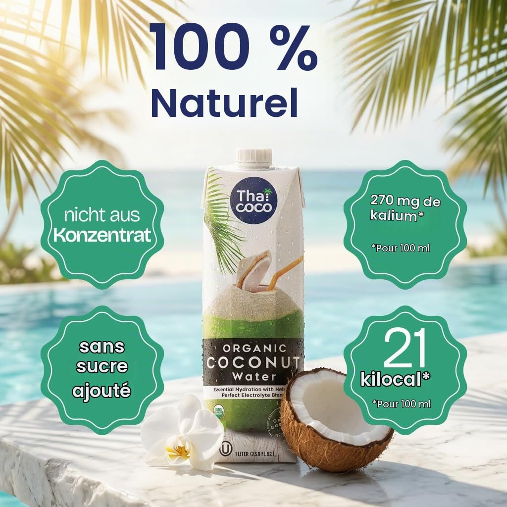 Thai Coco 100% eau de coco bio – Rafraîchissement naturel de Thaïlande – Certifiée biologique, sans sucre, sans ajout de conservateurs, 6 x 1 L Tetra Pak – Goût frais de noix de coco biologiques