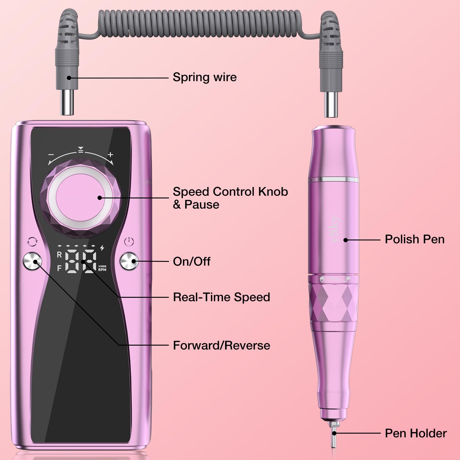 Electric Nail Files, 45000 RPM Professional Nail Drill for Acrylic Nails Gel, Adjustable Speed E File for Nails, Cordless Rechargeable Nail Drill Kit for Manicure Salon Home(Pink,Gift Box)