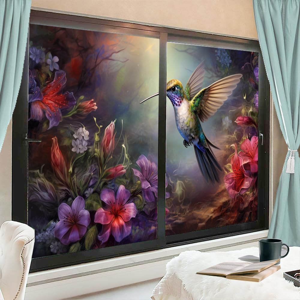 Country Rustic Hummingbird Window Privacy Film Flower Bird Nature Animals Stained Glass Window Coverings No Glue Static Cling Window Film for Home Office Stores 27.6Wx47.2L-inch x2 Pcs