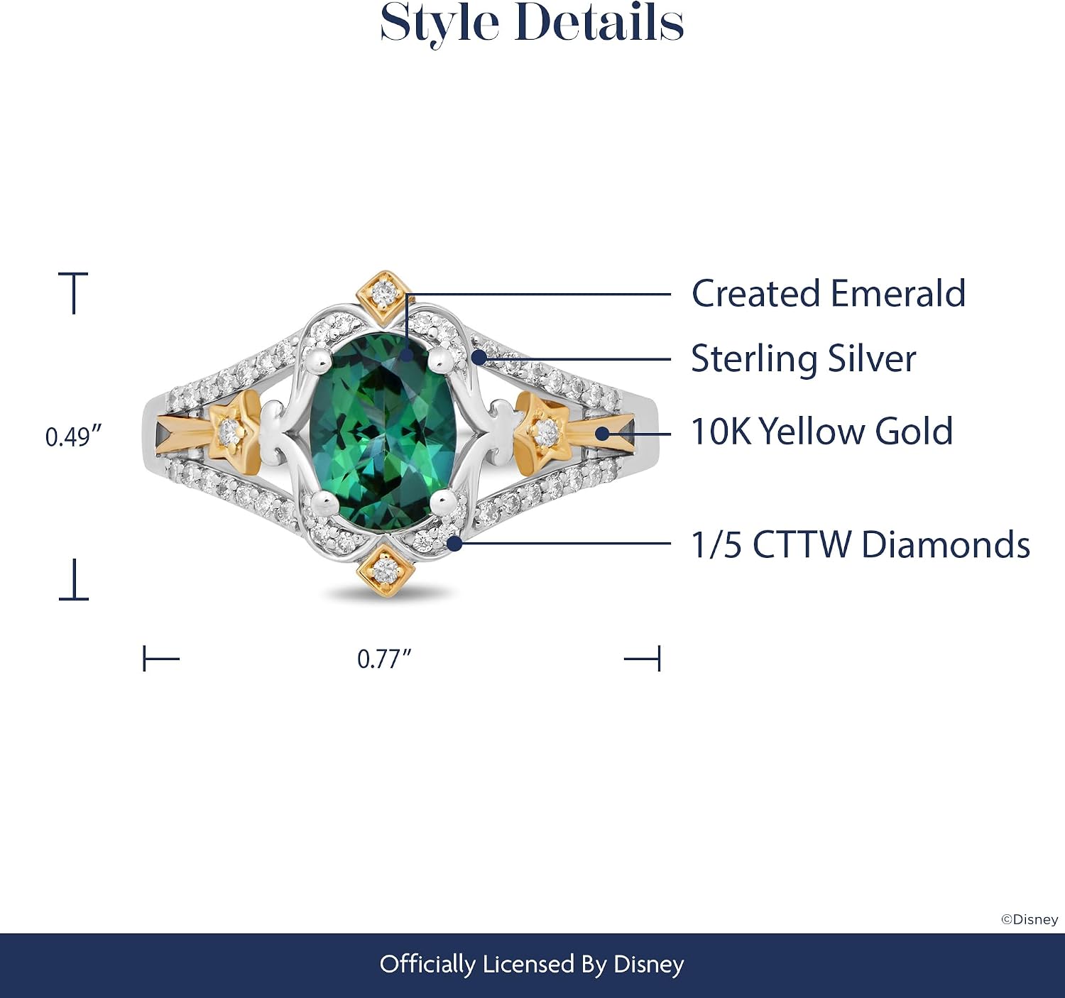 Jewelili Enchanted Disney Fine Jewelry 10K Yellow Gold and Sterling Silver 8x6 MM Oval Created Emerald and 1/5 Cttw Natural White Diamond Tinkerbell Ring