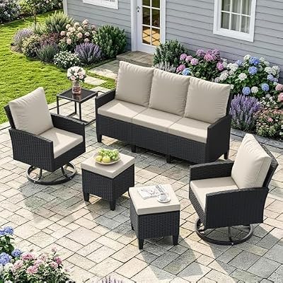 Amopatio 7 Seats Patio Furniture Set, 360° Swivel Chairs, 6 Pieces, Beige