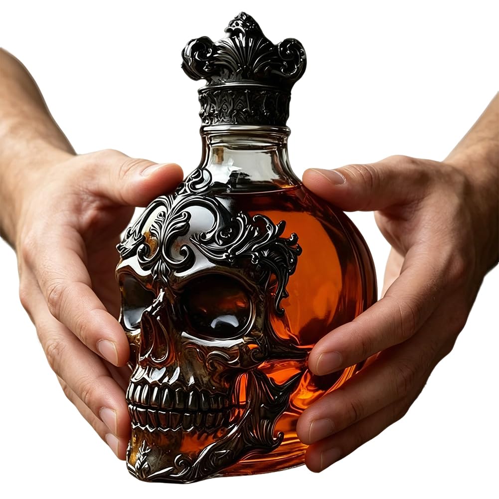 Botella de vino de cristal con cabeza de esqueleto con tapón, regalo para hombres y mujeres, botella de decoración de calavera, regalo para góticos y amantes