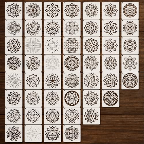 BLOSSOMLAYER Stencils 4in 50pcs Craft Paint Template Reusable Plastic Templates Mandala Style DIY Crafts Stencil Decoration for Fabrics Window Wall Home Wood(4inch 50 Pack)