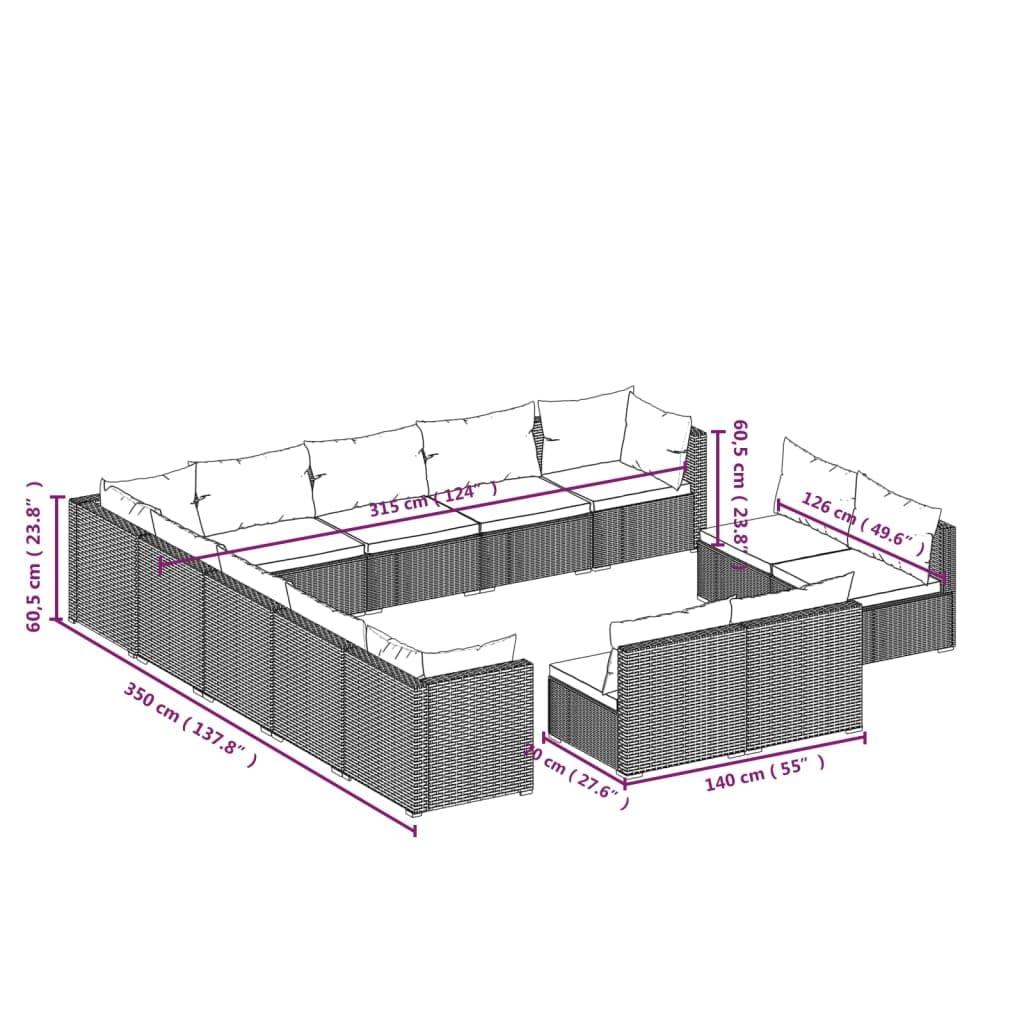 Juego de muebles de jardín de 13 piezas, de ratán sintético marrón, con cojines, muebles de exterior para terraza, balcón, patio trasero, juego de muebles de patio resistente