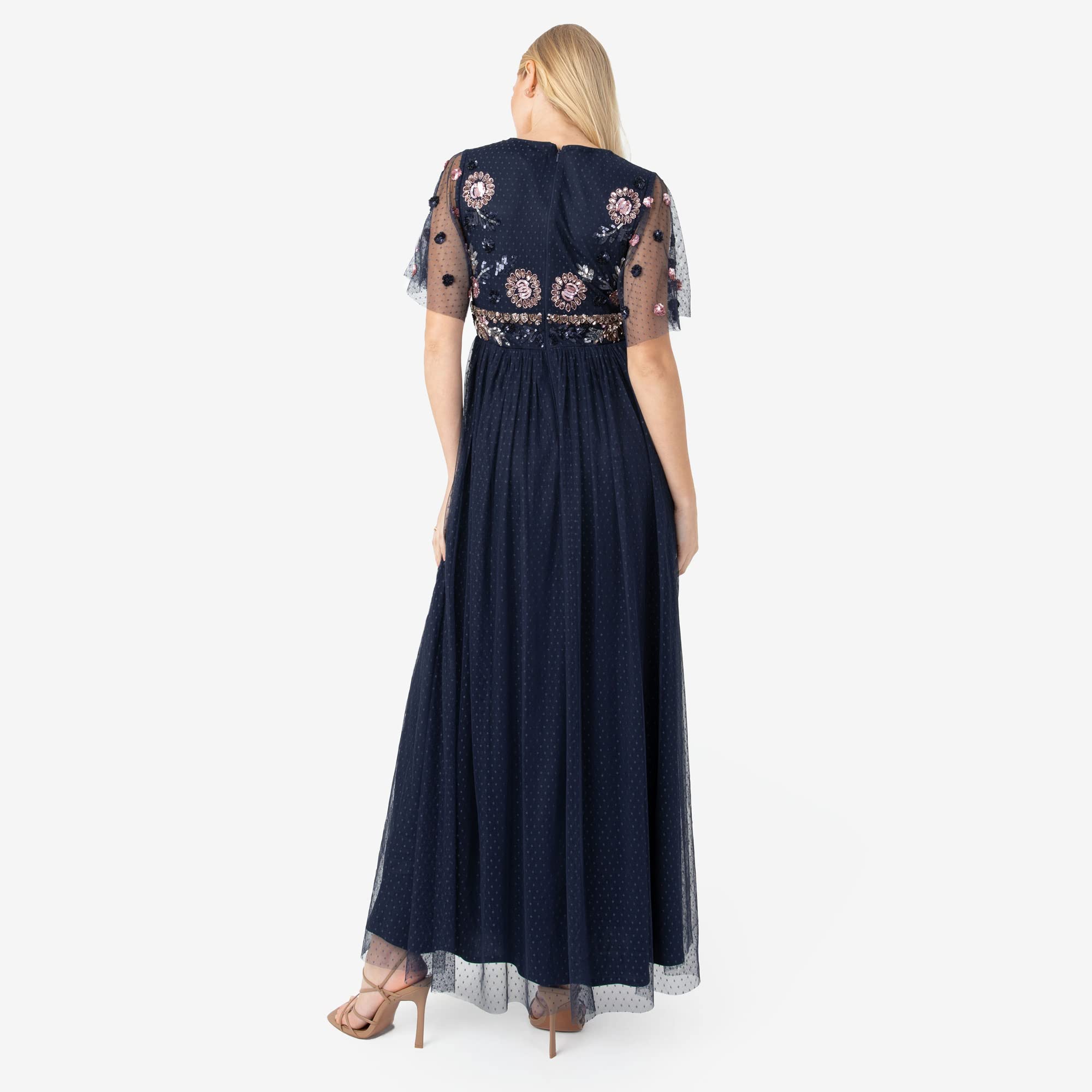 Maya Deluxe Womens Maxi Dress Ladies Embellished Spot Mesh A-Line V-Neck Dress For Wedding Guest Bridesmaid Prom Ball Occasion Vestido Mujer