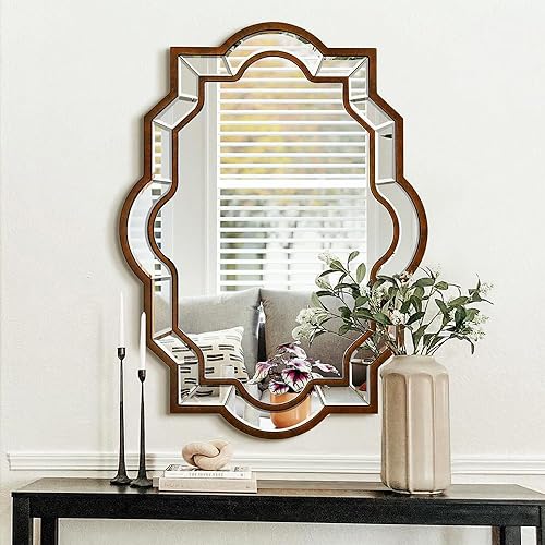 Chende Espejo de pared decorativo para comedor, espejo de granja con marco de madera de bronce y vidrio biselado, espejo de baño irregular de 32 x