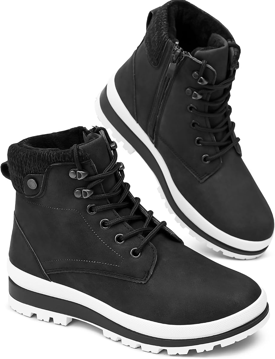 Women's Waterproof Fur Lined Winter Boots Platform Black Combat Non Slip Boots with Side Zipper Snow Ankle Boots for Outdoor Hiking Work