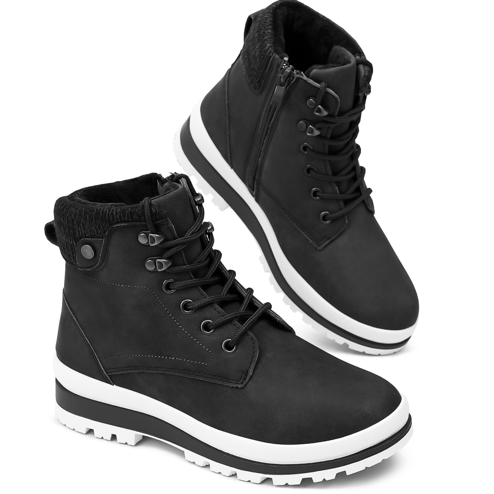 kufeiti Women's Waterproof Fur Lined Winter Boots Platform Black Combat Non Slip Boots with Side Zipper Snow Ankle Boots for Outdoor Hiking Work