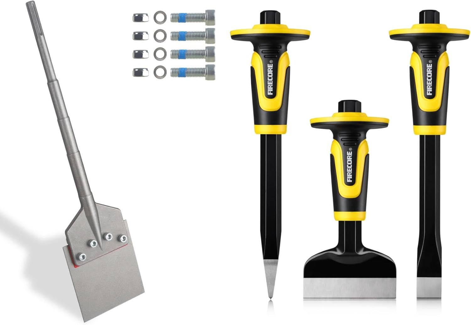 Firecore SDS Max Floor Scraper, 6-in Wide Tile Removal Bit with Long Handle and Heavy Duty Blade, Rock Chisel Set 3PCS Masonry Chisel with Hand Guard Point Flat Cold Chisel for Concrete Stone Brick