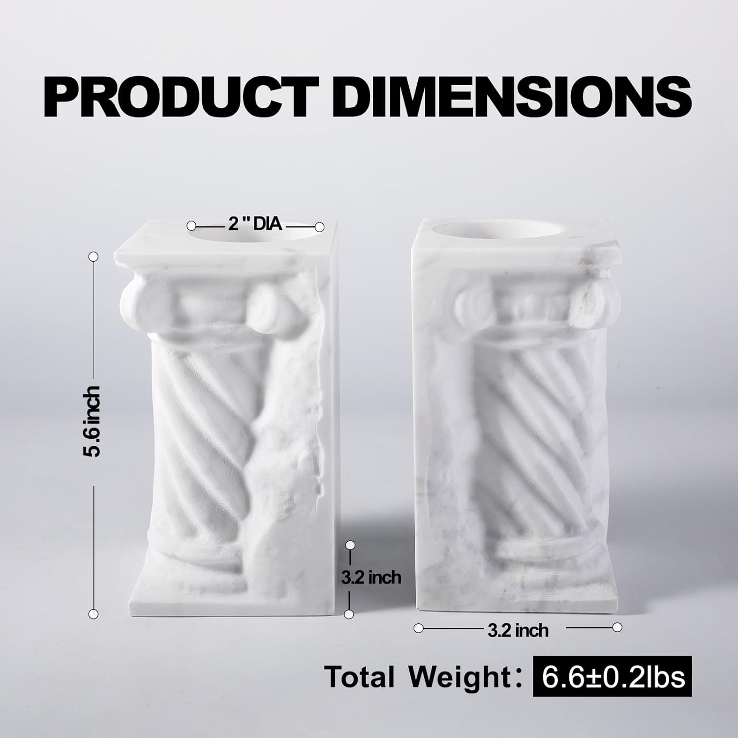 Decorative Roman Column Book Ends & Vase - Heavy Duty Marble Book Ends for Heavy Books, Vintage Home Office Decor, Dual Use as Flower Vase, Natural Stone Bookends for Shelves (2PC, White)