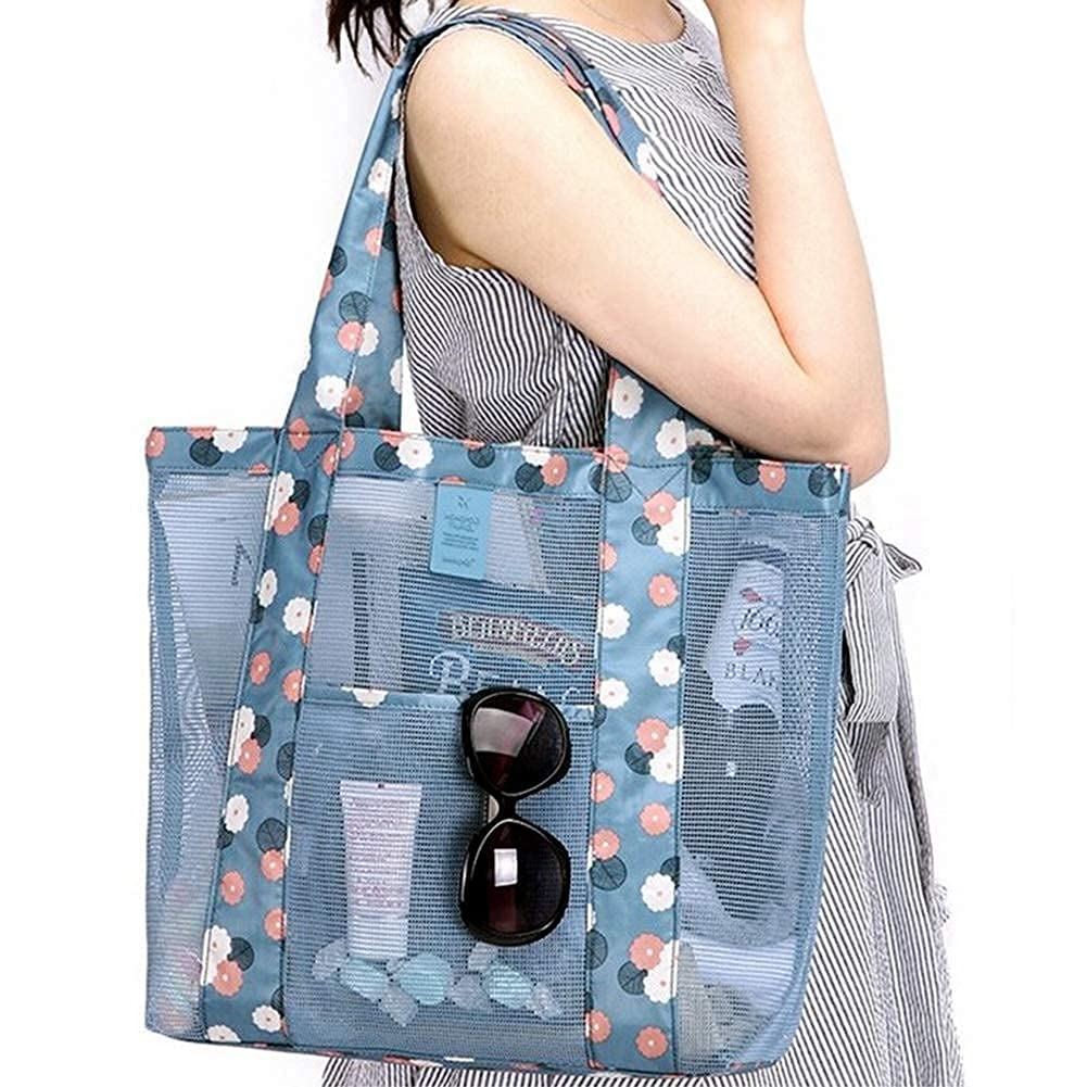 XINCHIA Mesh Beach Tote Bag Waterproof Mesh Folding Shoulder Bag Reusable Shopping Sand Toys Storage Multi-functional Carry Net Organiser for Family Holiday Picnic Swimming Pool Grocery Organizer - Image 3
