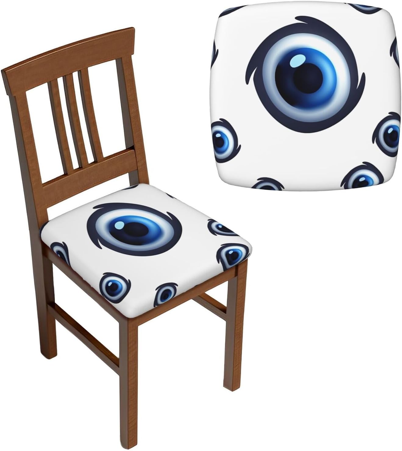 4PCSs Stretch Seat Covers Set, Evil Eyes Chair Covers for Dining Room, Square Chair Seat Slipcovers with Ties, Removable Washable Dining Chair Protector Seat Cover for Kitchen Office