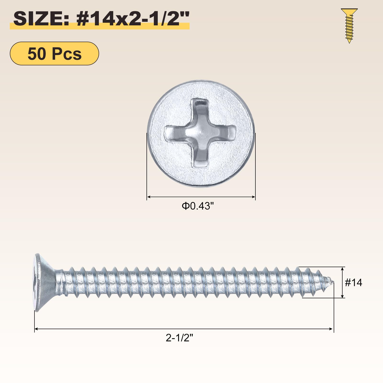 METALLIXITY Countersunk Phillips Wood Screws (#14x2-1/2") 50Pcs - Image 2