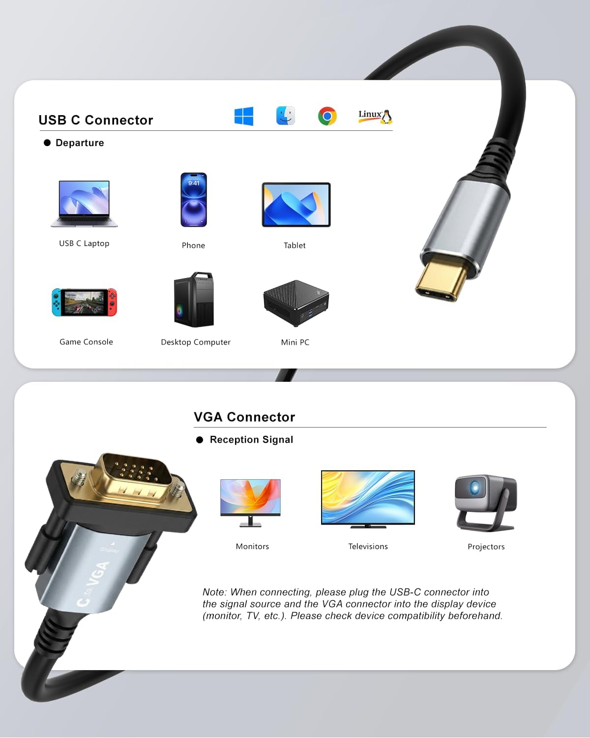 USB C to VGA Cable 6FT/1.8m 1080P@60Hz, VGA to USB C Adapter Cord [Thunderbolt 3/4 compatible] for iPhone 15 Pro/Max, MacBook Pro/Air 2023/iPad Pro/iMac/S23/XPS 17/Surface Book 3 - Gold-Plated