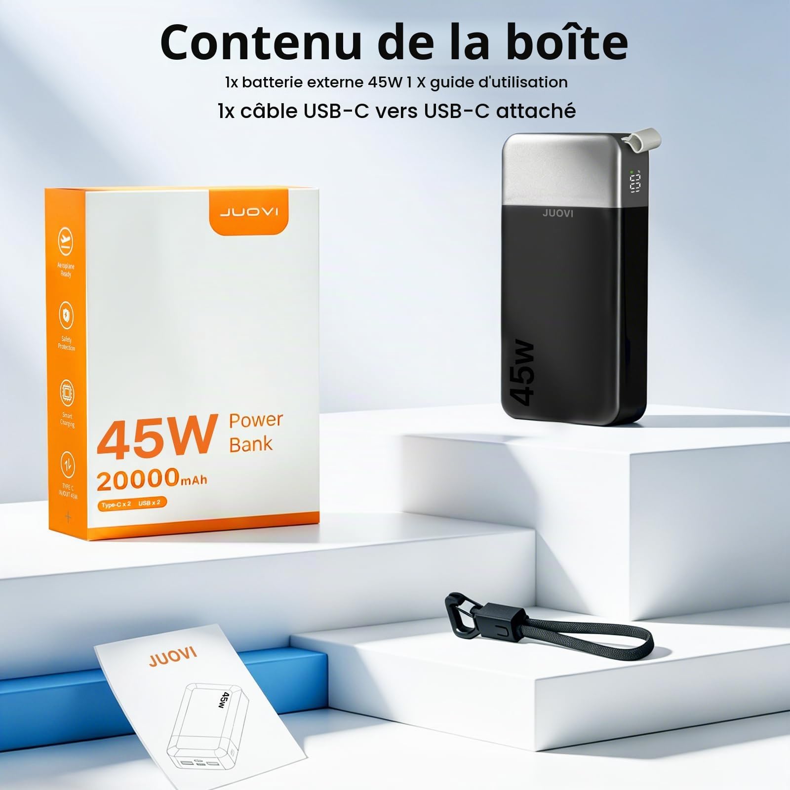 JUOVI Batterie Externe Charge Rapide 45W 20000mAh Power Bank avec Câble | 4 Ports (2USB C PD & 2USB A QC) Écran LED Chargeur Portable pour iPhone iPad Tablette Switch Samsung