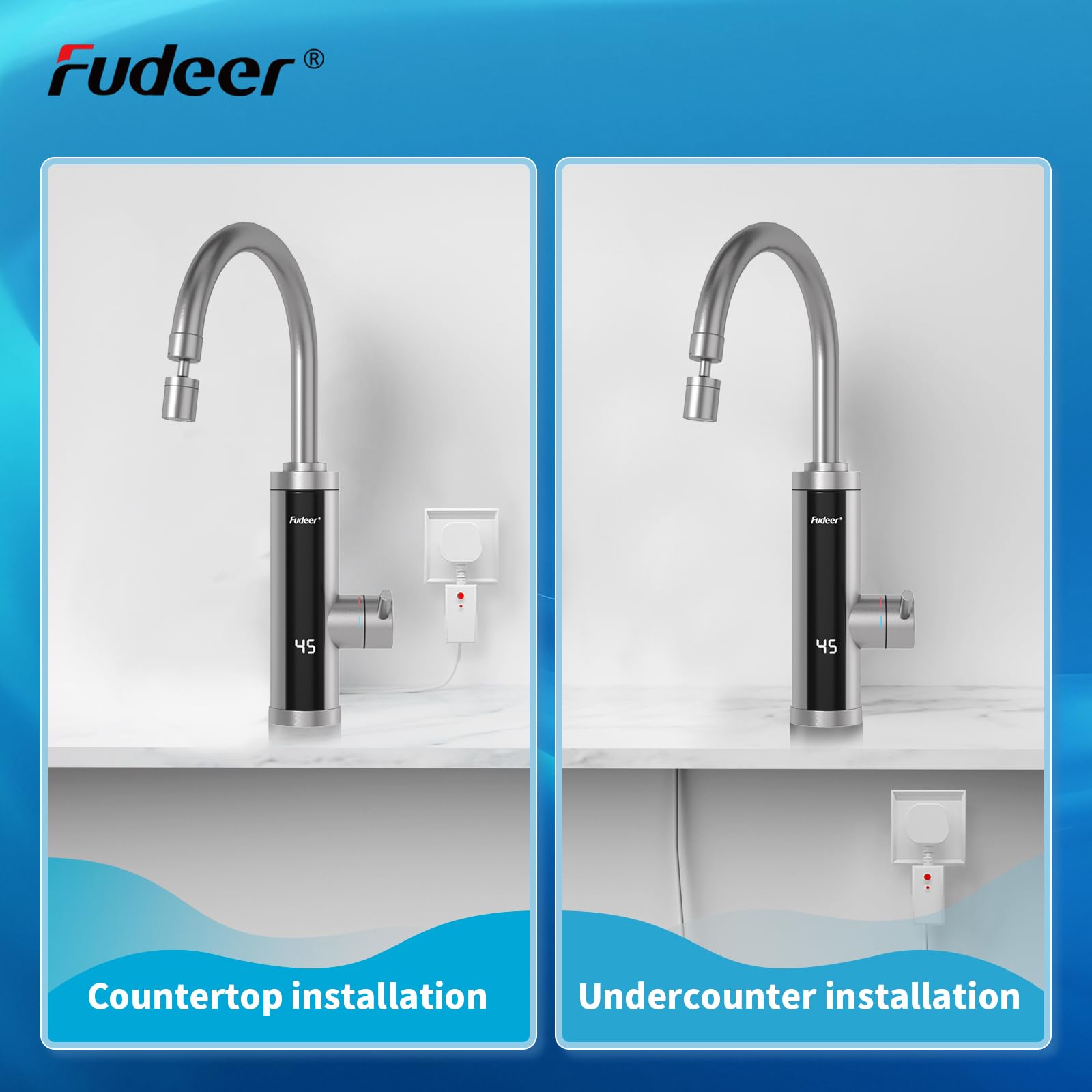 Elektrischer Wasserhahn mit Durchlauferhitzer für die Küche, 3.3kW Schnellaufheizung mit Digitalanzeige (30-45℃) 360°schwenkbare Universaldüse, 2 Sprühmodi 220-240V(Silber)
